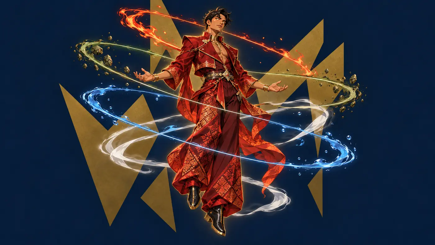 A bender in Avatar mode, surrounded by all four elements